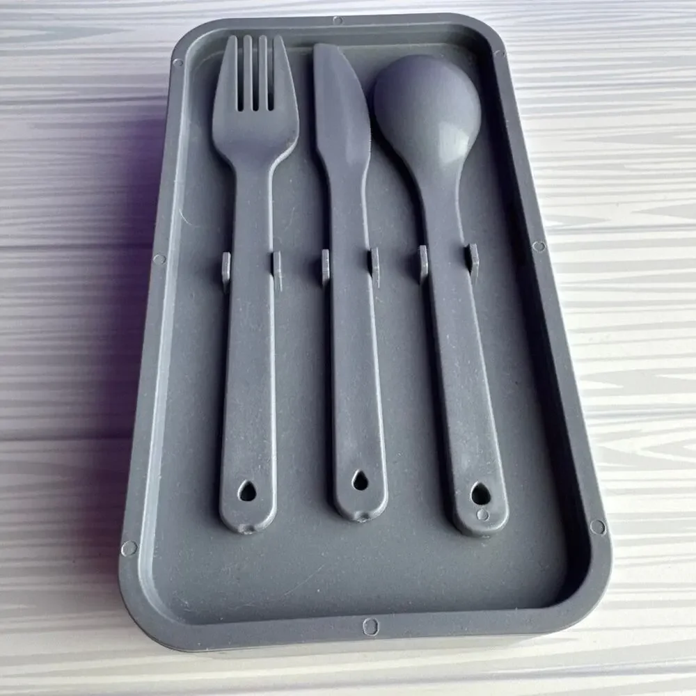 Bento Box Adult Lunch Box Stackable 2 Tier Gray with Strap and Fork Spoon Knife